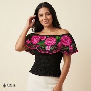 Multicolor Pink Mexican Chiapas Blouse – Elastic Bodice Traditional Top XS/S/M